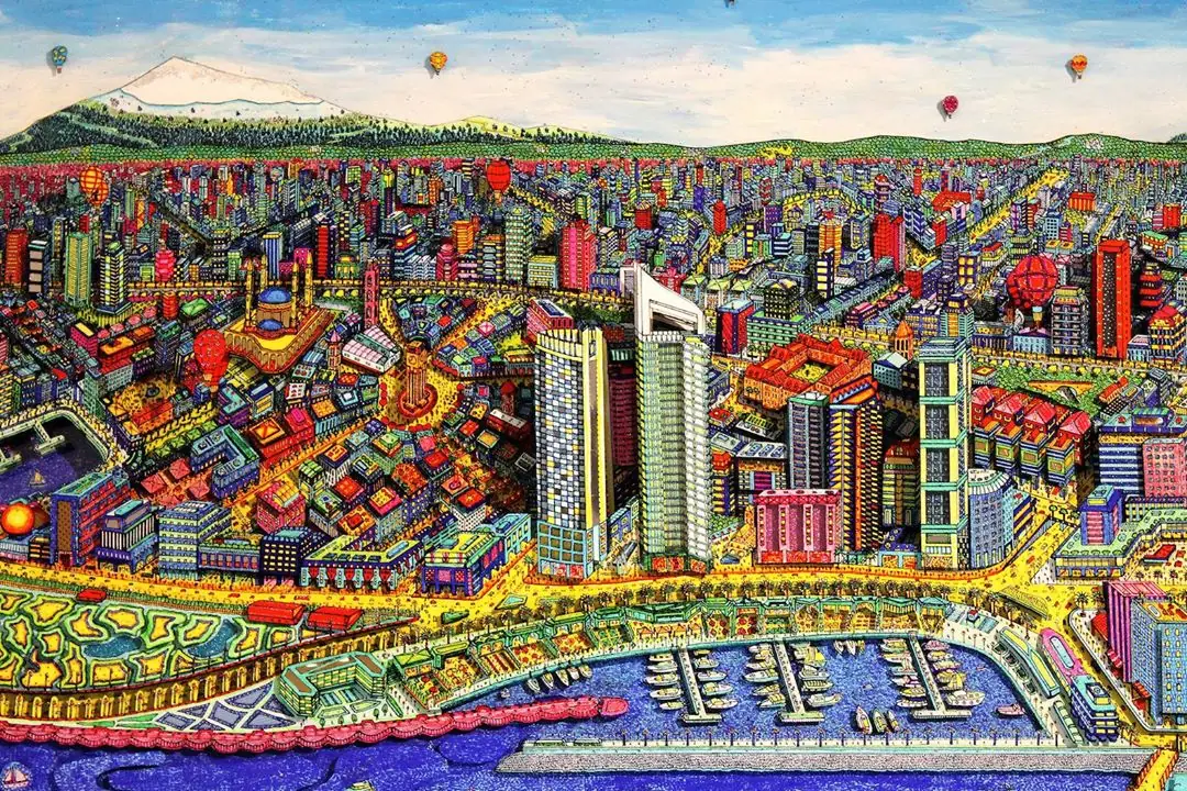 Illustrated panoramic artwork of Beirut, its downtown, waterfront and marina